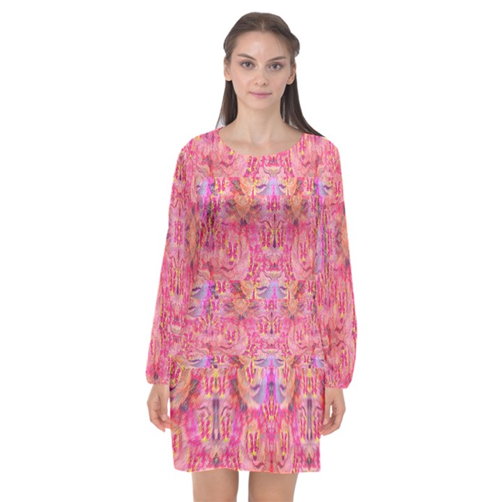 Pink purple beautiful golden butterfly created by FlipStylez Designs Long Sleeve Chiffon Shift Dress 