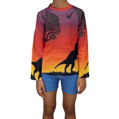 Sunset Dinosaur Scene Kids  Long Sleeve Swimwear