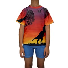 Sunset Dinosaur Scene Kids  Short Sleeve Swimwear by IIPhotographyAndDesigns