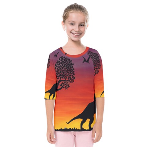 Sunset Dinosaur Scene Kids  Quarter Sleeve Raglan Tee by IIPhotographyAndDesigns