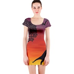 Sunset Dinosaur Scene Short Sleeve Bodycon Dress by IIPhotographyAndDesigns