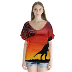 Sunset Dinosaur Scene V-neck Flutter Sleeve Top by IIPhotographyAndDesigns