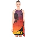 Sunset Dinosaur scene Halter Collar Waist Tie Chiffon Dress View1