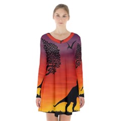 Sunset Dinosaur Scene Long Sleeve Velvet V-neck Dress