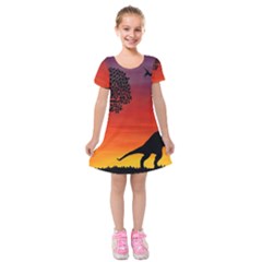 Sunset Dinosaur Scene Kids  Short Sleeve Velvet Dress