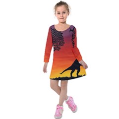 Sunset Dinosaur Scene Kids  Long Sleeve Velvet Dress