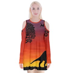 Sunset Dinosaur Scene Velvet Long Sleeve Shoulder Cutout Dress