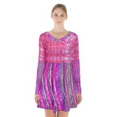 Pink And Purple Shimmer Design By Flipstylez Designs Long Sleeve Velvet V-neck Dress