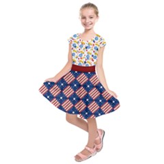 Yellow & Blue Usa Flag Pattern Kids  Short Sleeve Dress by PattyVilleDesigns