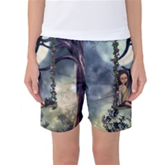 Cute Little Fairy With Kitten On A Swing Women s Basketball Shorts by FantasyWorld7