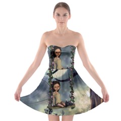 Cute Little Fairy With Kitten On A Swing Strapless Bra Top Dress by FantasyWorld7