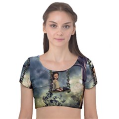 Cute Little Fairy With Kitten On A Swing Velvet Short Sleeve Crop Top  by FantasyWorld7