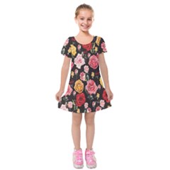 Colorful Roses Kids  Short Sleeve Velvet Dress