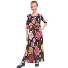 Colorful Roses Kids  Quarter Sleeve Maxi Dress