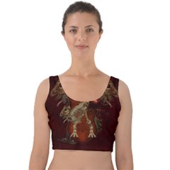 Awesome T Rex Skeleton, Vintage Background Velvet Crop Top by FantasyWorld7