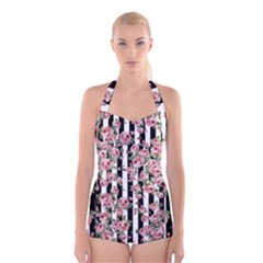 Pink Roses And Butterflies Stripes Boyleg Halter Swimsuit 