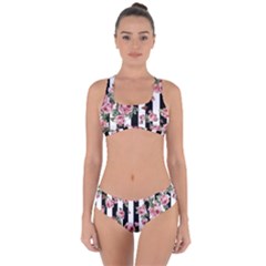 Pink Roses And Butterflies Stripes Criss Cross Bikini Set