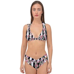 Pink Roses And Butterflies Stripes Double Strap Halter Bikini Set