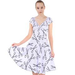 Scissors Pattern Cap Sleeve Front Wrap Midi Dress