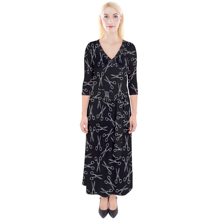 Scissors pattern Quarter Sleeve Wrap Maxi Dress