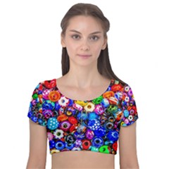 Colorful Beads Velvet Short Sleeve Crop Top  by FunnyCow