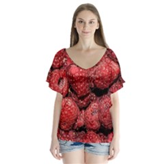 Red Raspberries V-neck Flutter Sleeve Top by FunnyCow