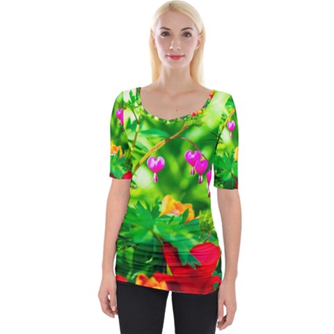 Bleeding Heart Flowers In Spring Wide Neckline Tee by FunnyCow