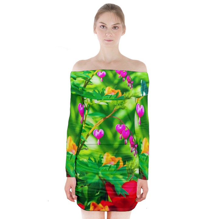 Bleeding Heart Flowers In Spring Long Sleeve Off Shoulder Dress