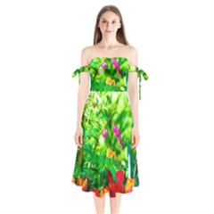 Bleeding Heart Flowers In Spring Shoulder Tie Bardot Midi Dress by FunnyCow