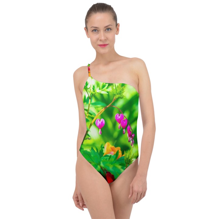 Bleeding Heart Flowers In Spring Classic One Shoulder Swimsuit