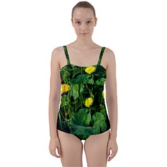 Yellow Dandelion Flowers In Spring Twist Front Tankini Set by FunnyCow