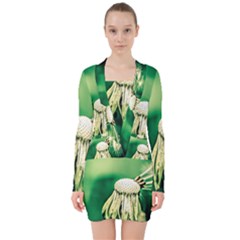 Dandelion Flower Green Chief V-neck Bodycon Long Sleeve Dress by FunnyCow