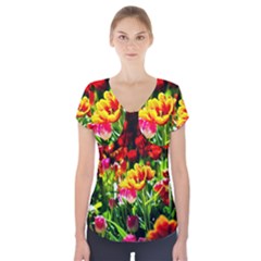 Colorful Tulips On A Sunny Day Short Sleeve Front Detail Top by FunnyCow