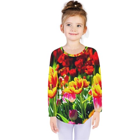 Colorful Tulips On A Sunny Day Kids  Long Sleeve Tee by FunnyCow