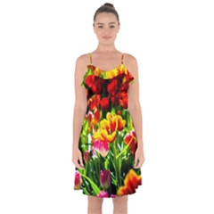 Colorful Tulips On A Sunny Day Ruffle Detail Chiffon Dress by FunnyCow