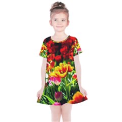 Colorful Tulips On A Sunny Day Kids  Simple Cotton Dress by FunnyCow