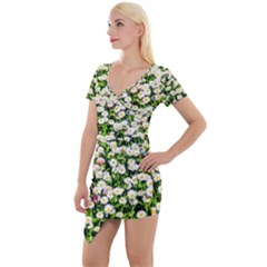 Green Field Of White Daisy Flowers Short Sleeve Asymmetric Mini Dress by FunnyCow