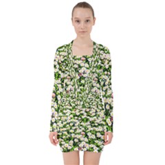 Green Field Of White Daisy Flowers V-neck Bodycon Long Sleeve Dress by FunnyCow