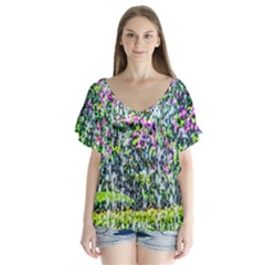 Lilacs Of The First Water V-neck Flutter Sleeve Top by FunnyCow