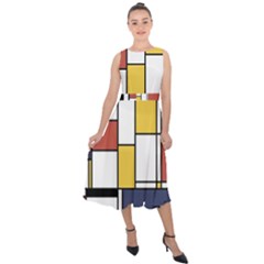 De Stijl Abstract Art Midi Tie-back Chiffon Dress