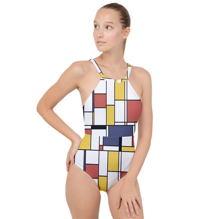 De Stijl Abstract Art High Neck One Piece Swimsuit