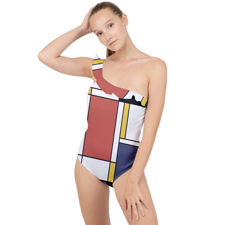 Abstract Art Of De Stijl Frilly One Shoulder Swimsuit