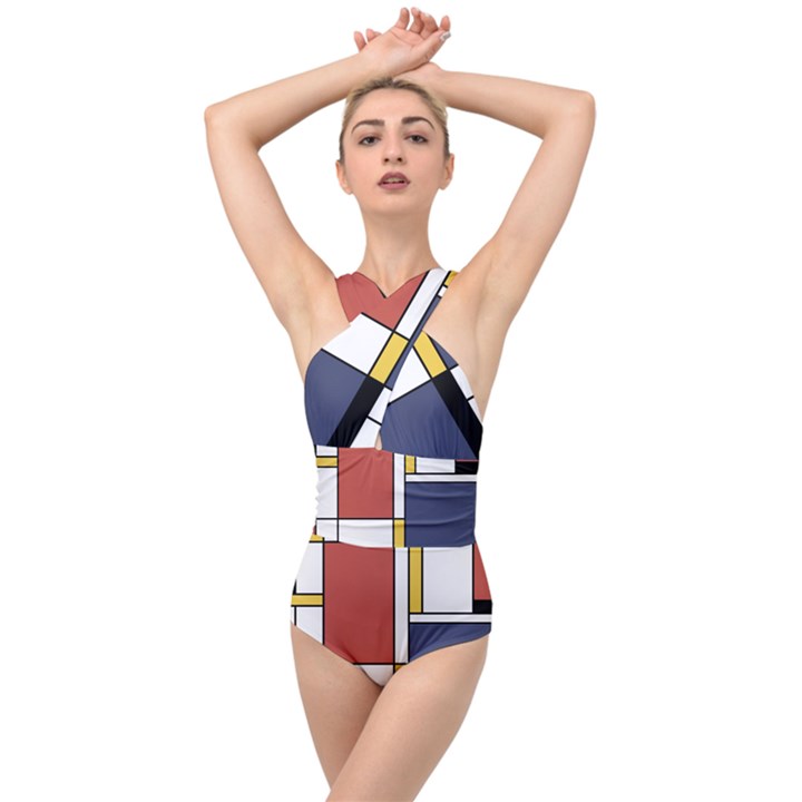 Abstract Art Of De Stijl Cross Front Low Back Swimsuit