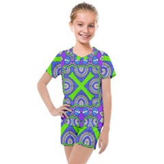 Purple Green Shapes                                        Kids  Mesh Tee And Shorts Set