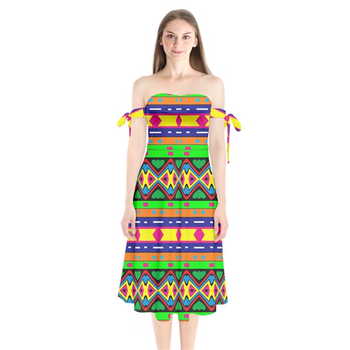 Distorted colorful shapes and stripes                                 Shoulder Tie Bardot Midi Dress