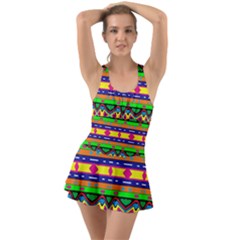 Distorted Colorful Shapes And Stripes                                         Ruffle Top Dress Swimsuit by LalyLauraFLM