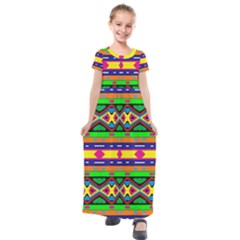 Distorted Colorful Shapes And Stripes                                       Kids  Short Sleeve Maxi Dress