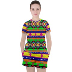 Distorted Colorful Shapes And Stripes                                         Women s Mesh Tee And Shorts Set