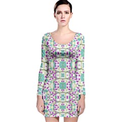 Colorful Modern Floral Baroque Pattern 7500 Long Sleeve Velvet Bodycon Dress