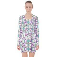 Colorful Modern Floral Baroque Pattern 7500 V-neck Bodycon Long Sleeve Dress by dflcprints